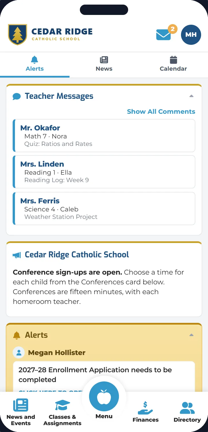 The Digital Academy app on a phone: Teacher Messages, a school announcement and Alerts.